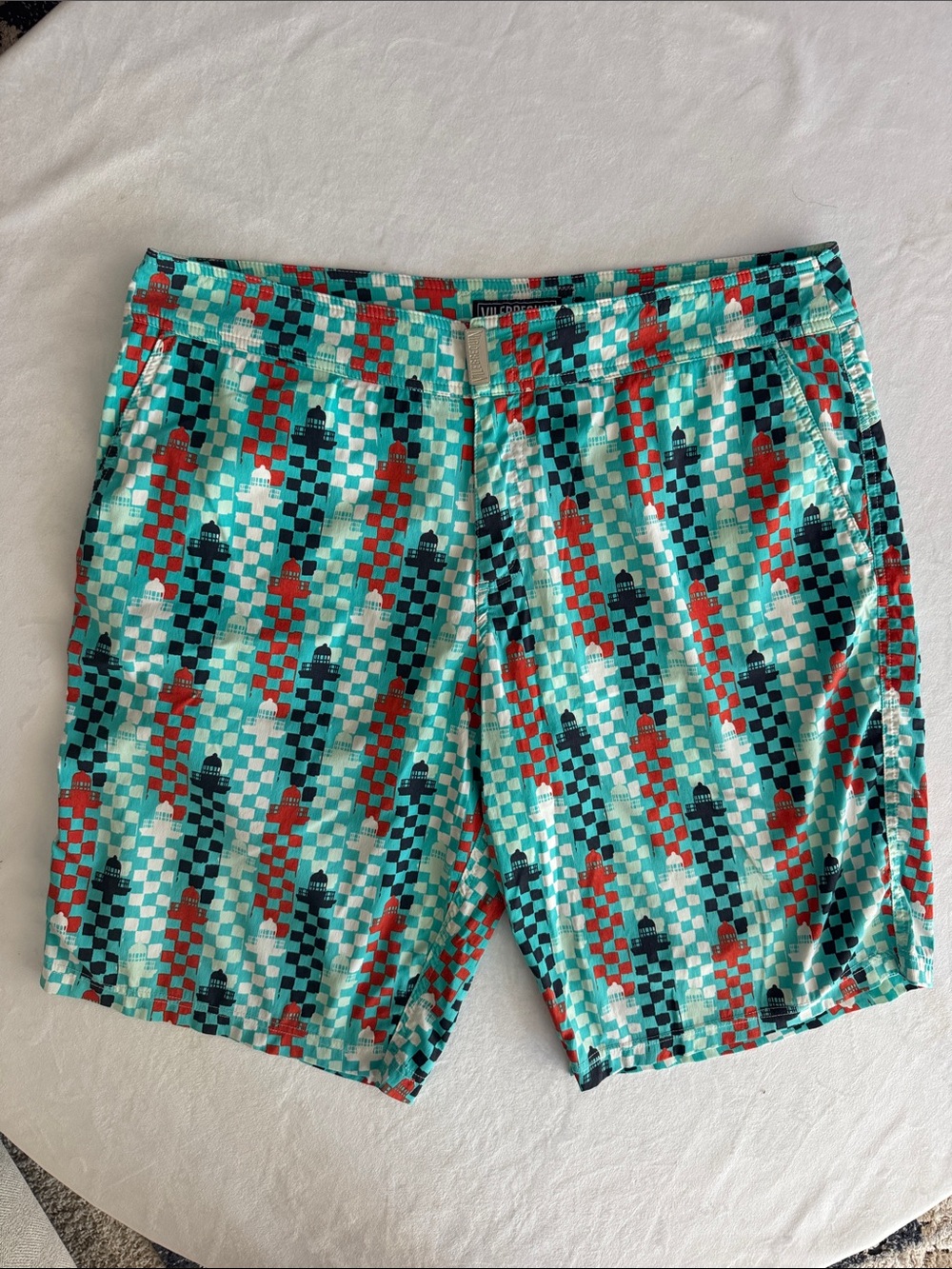 Vilebrequin Aqua Swim Shorts with Red and Navy Geo Print